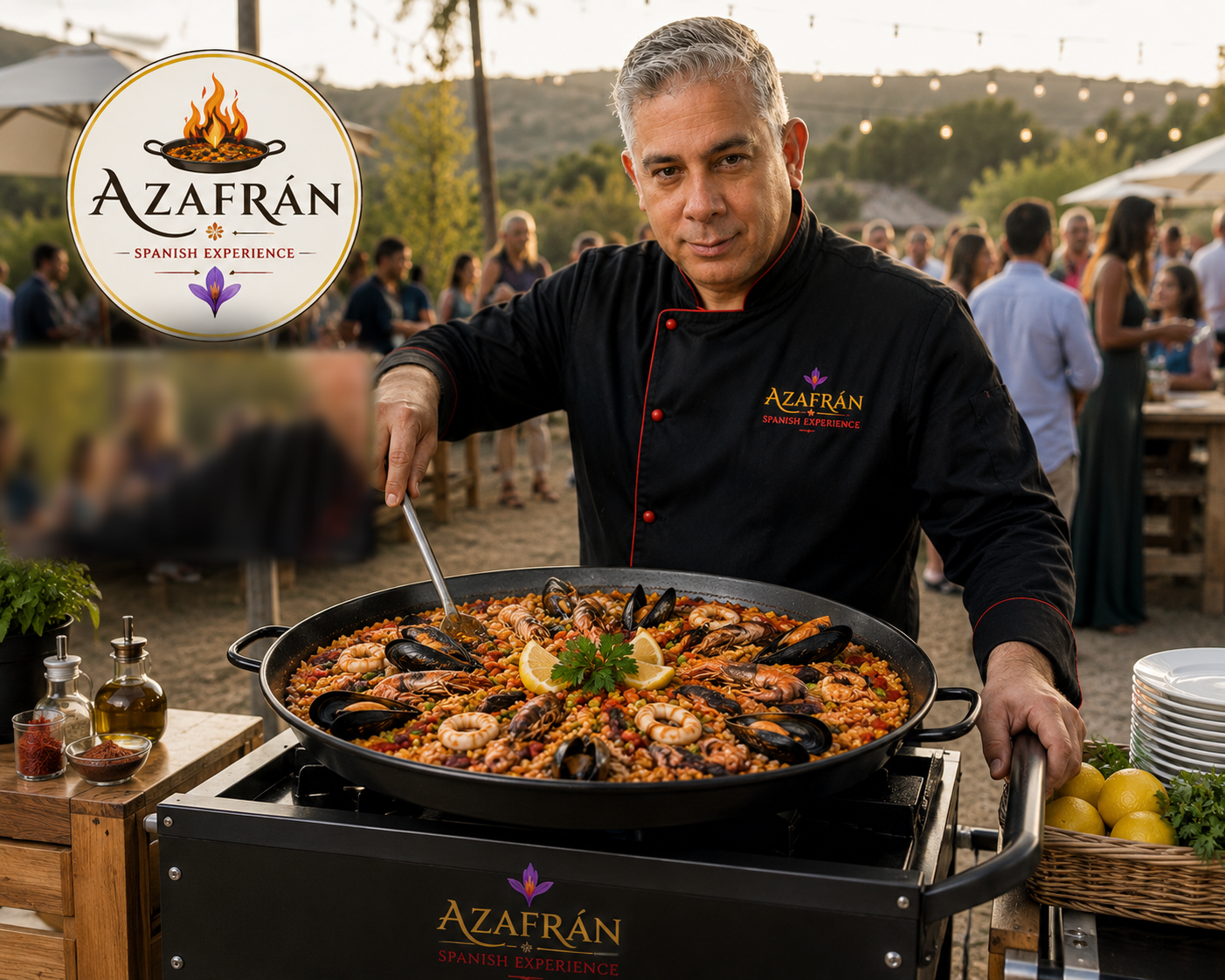 Nuestro chef sirviendo paella en vivo durante un evento al aire libre