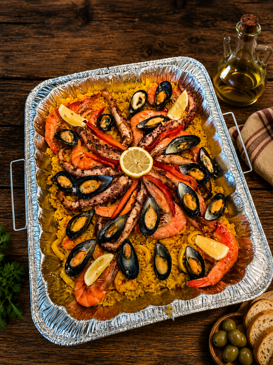 Paella To-Go en bandeja de aluminio lista para servir